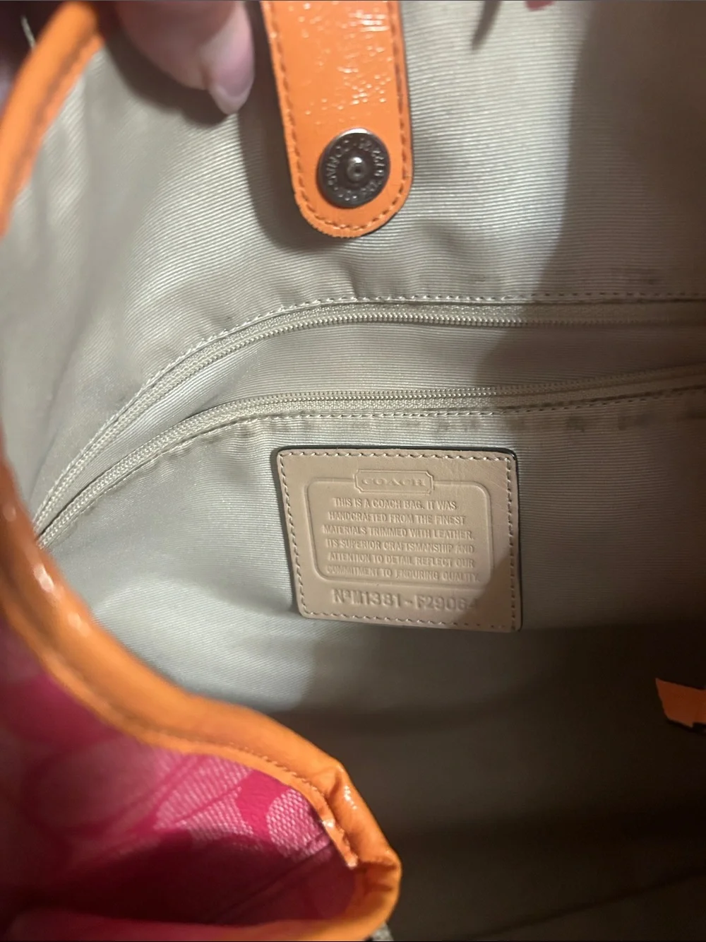Coach Pink Signature Shoulder Tote with Orange Center Stripe and Tan Handles